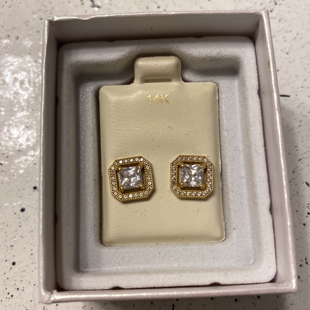 Gold Square Diamond Earrings - Picture 2 of 3